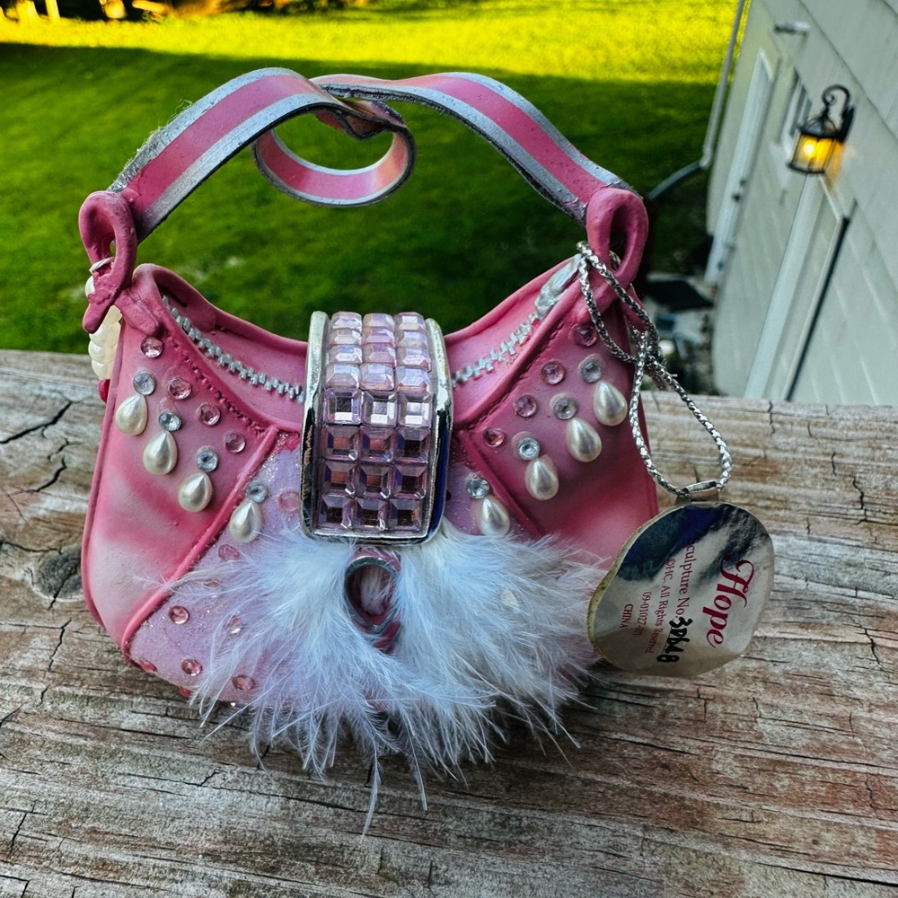 Breast Cancer Awareness miniature vintage resin Pink Beaded Bag Decor
